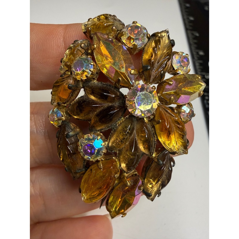 West Germany Amber Glass AB Rhinestone Floral Brooch Gold Tone Mid Century